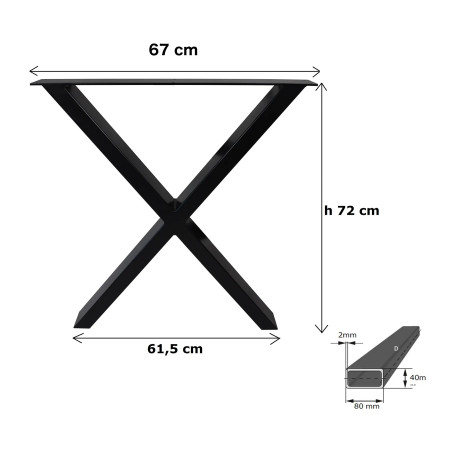 Set di 2 Gambe da Tavolo in Acciaio Struttura Tavolo a forma di X 67 x 72 cm Profilo: 8x4 cm