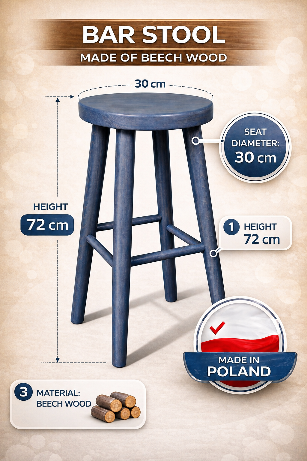 Drewniany taboret barowy H 60 cm