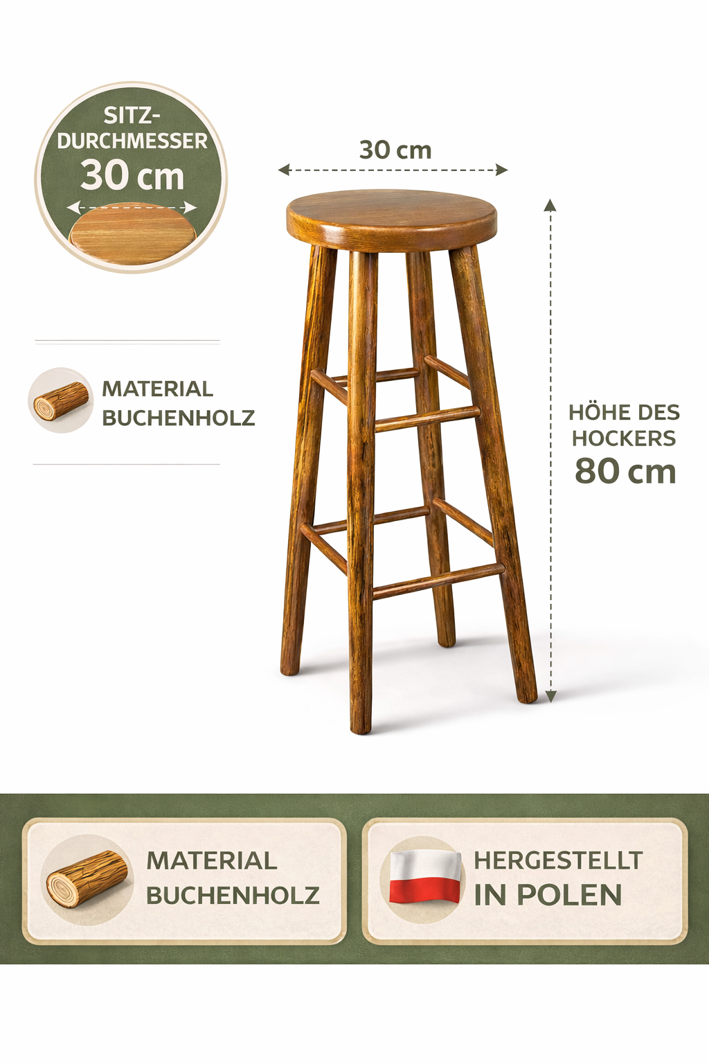 Drewniany taboret barowy H 80 cm