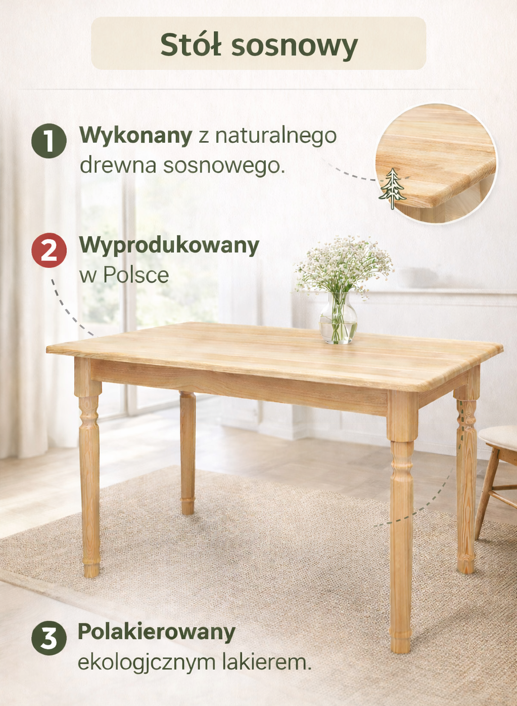 Stół z szufladą z litego drewna sosnowego  – drewniany stół do kuchni i jadalni